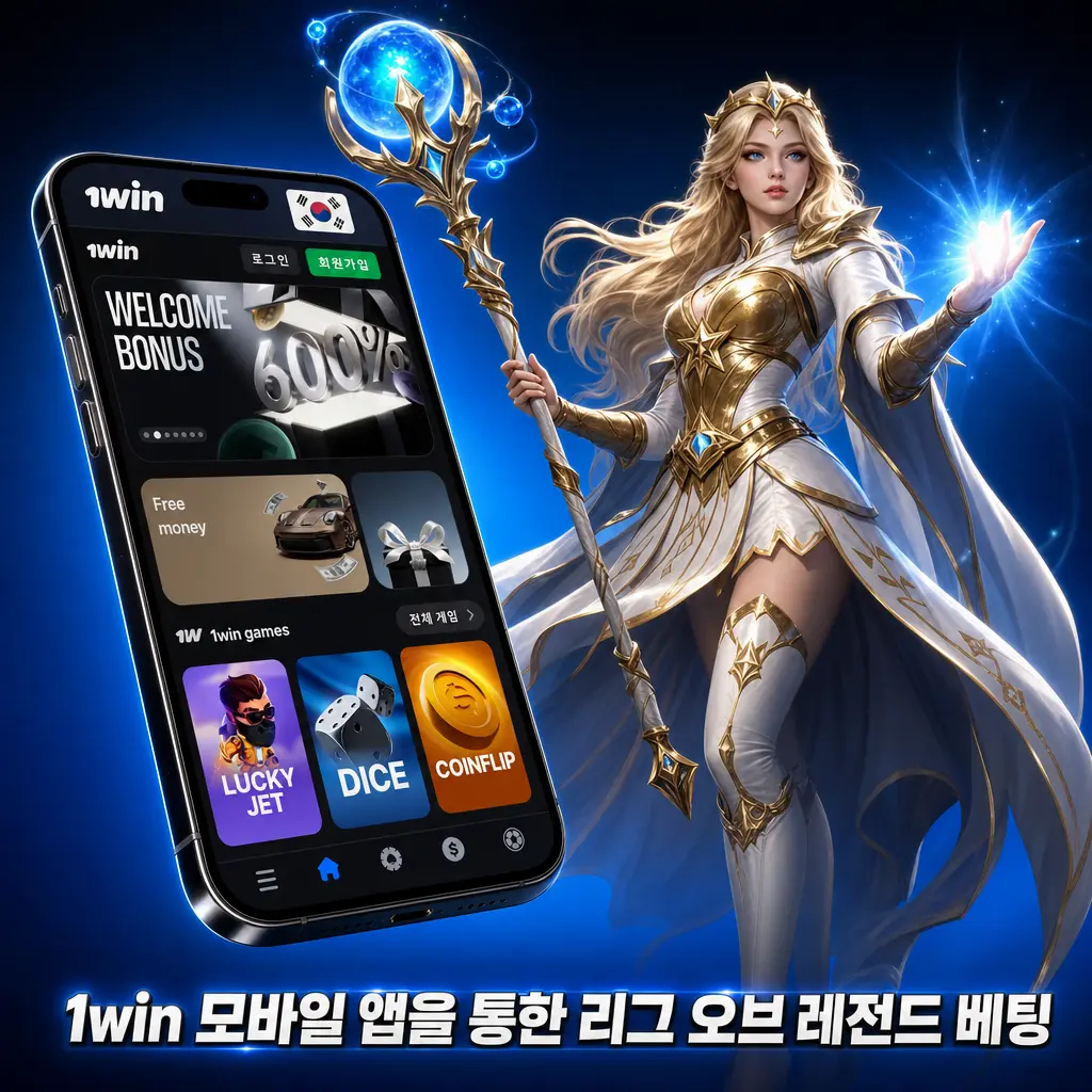 1win 모바일 앱으로 리그 오브 레전드 베팅하는 안드로이드 및 iOS 사용자 화면