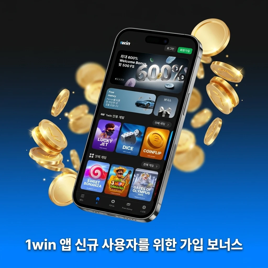 최대 100만 원 600% 보너스와 무료 스핀 500회를 제공하는 1win 앱 신규 사용자 가입 웰컴 패키지 안내