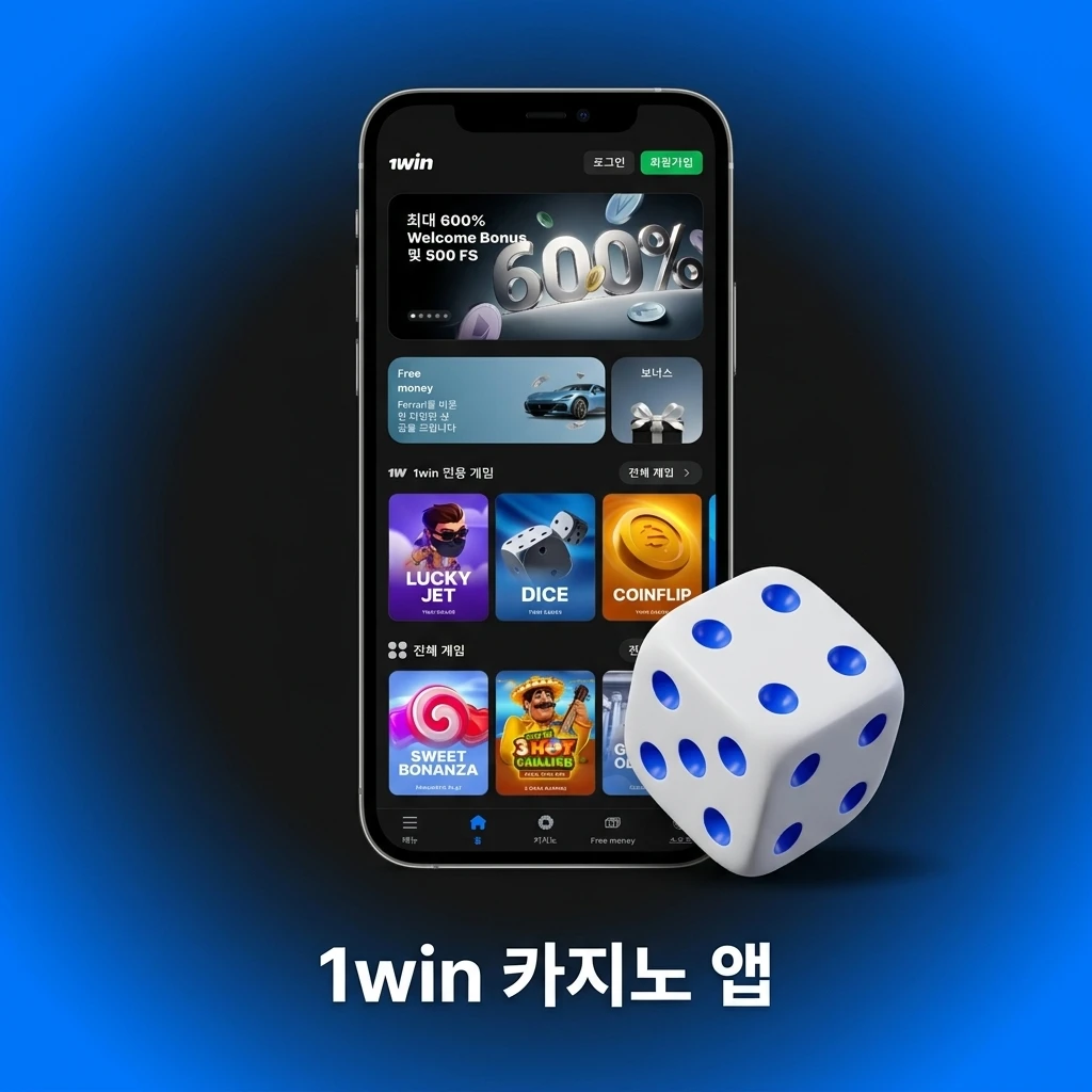 수천 개의 슬롯, 라이브 딜러 게임, 전용 프로모션을 제공하는 몰입감 넘치는 1win 카지노 앱 화면.