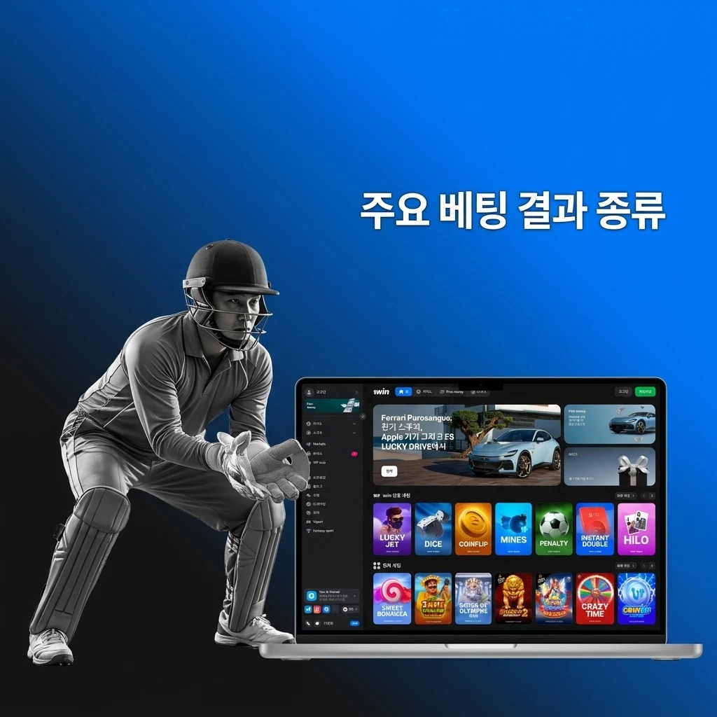 승무패, 핸디캡, 총 득점 언더/오버 등 1win의 주요 베팅 결과 종류와 각 예측 옵션의 조건을 설명하는 이미지