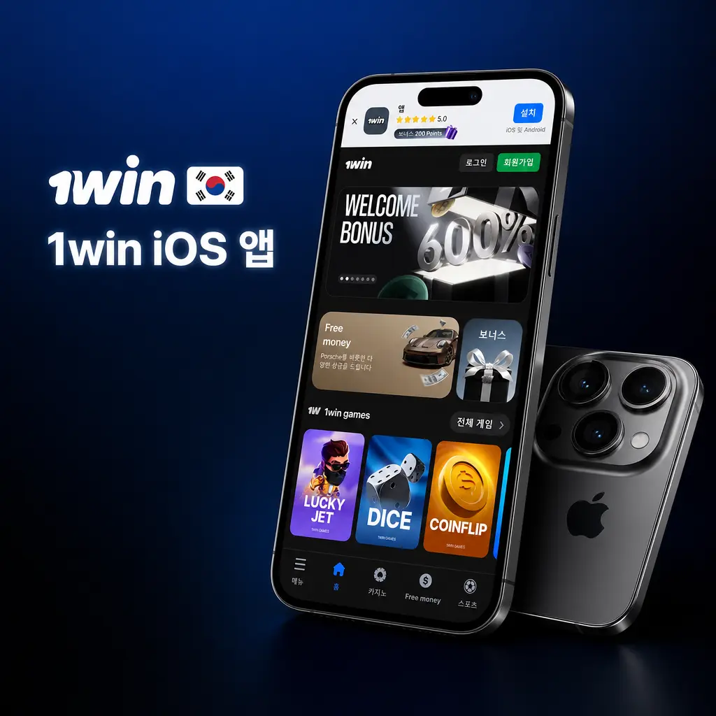 아이폰 및 아이패드에서 실행 중인 1win iOS 앱 화면, iOS 11.0 이상 지원